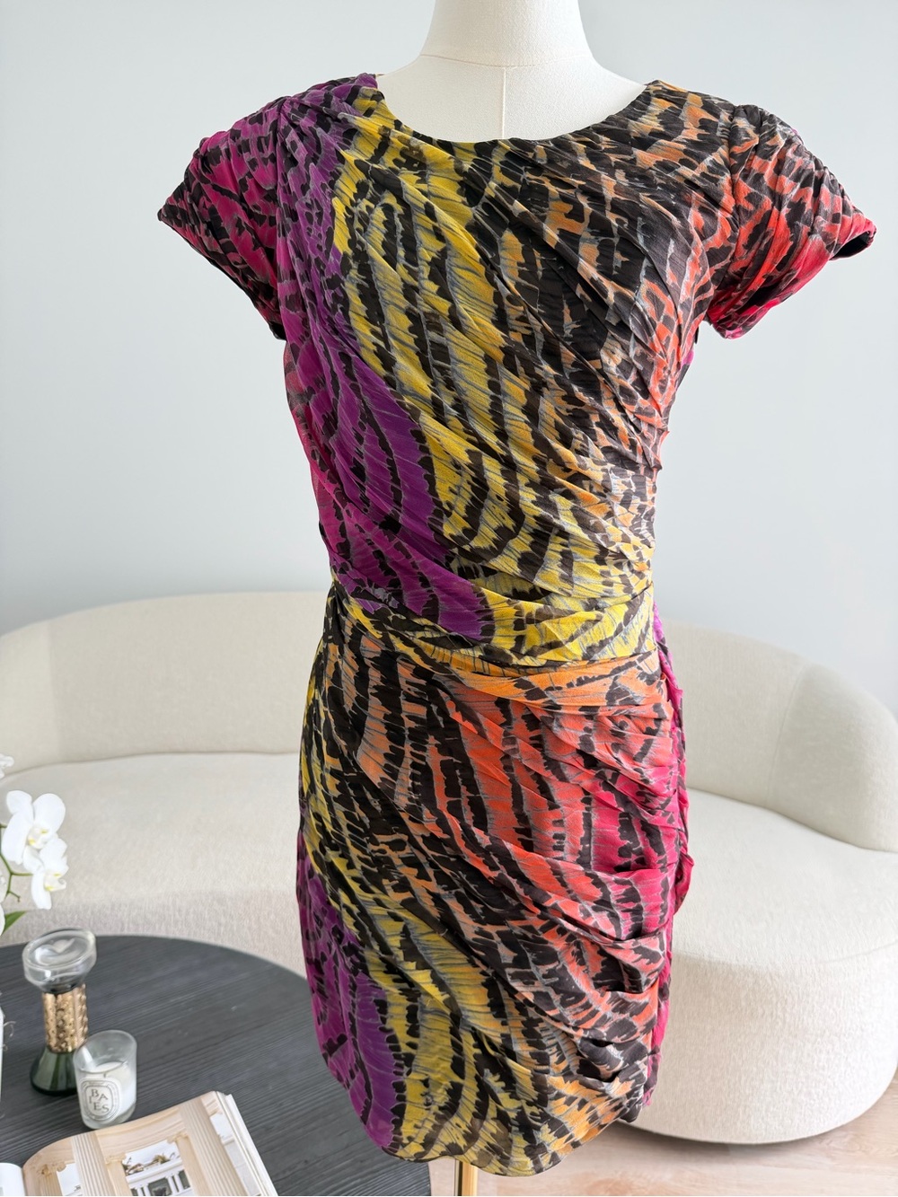 Diane von Furstenberg Silk Ruched Cocktail Dress Size 2 Multicolor Print